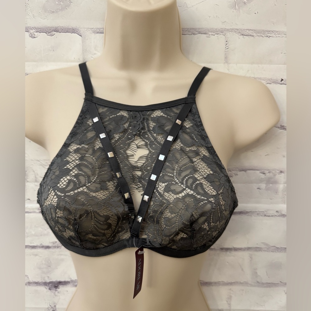 Adore Me 34A Emmeline Unlined Plunge Bra Lace High Neck Cup Stud Strap Sexy New